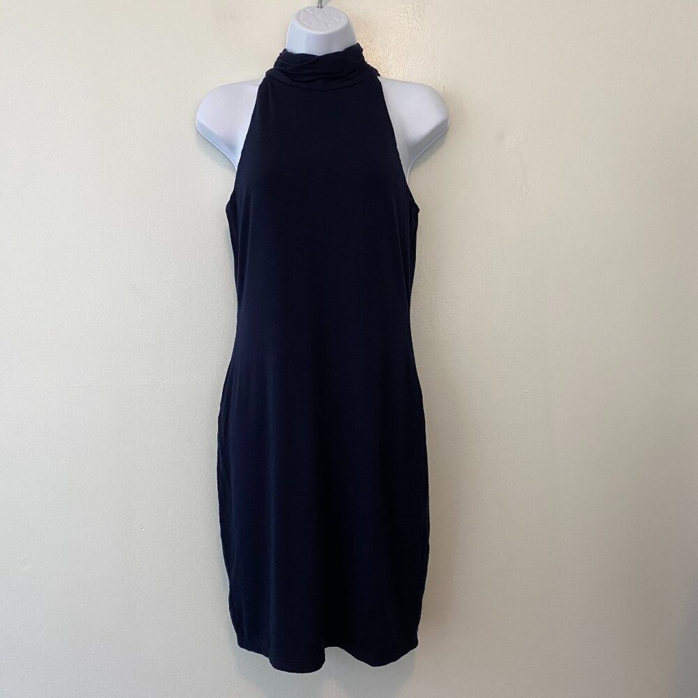 1 State Navy Blue Jersey Knit Sleeveless Turtleneck Dress Womens Small
